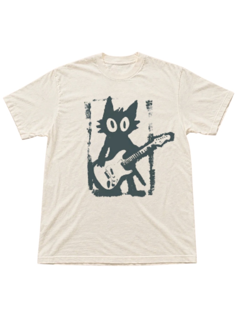 Gildan Cream Cat Graphic Tee with Guitar